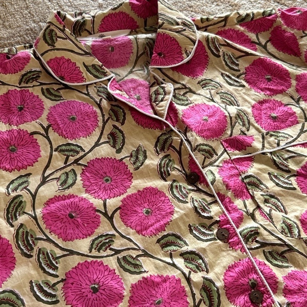 Cotton Floral Pajama Set Pink Block Print Shorts Loungewear Pockets Amranis M - Picture 13 of 13